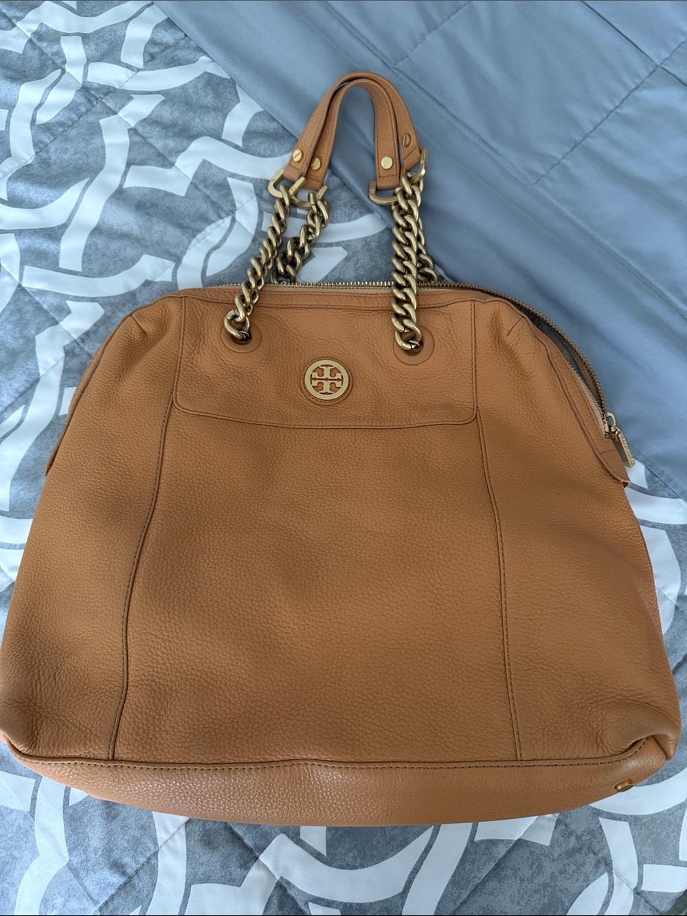 Tory Burch Camel Pebbled Leather Chain Tote